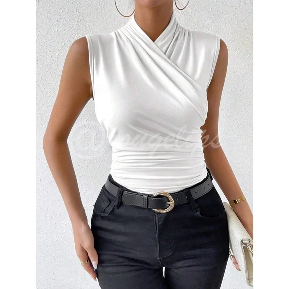 Ruched White Overlapping Sleeveless Shirt Top Stretchy - Picture 5 of 7